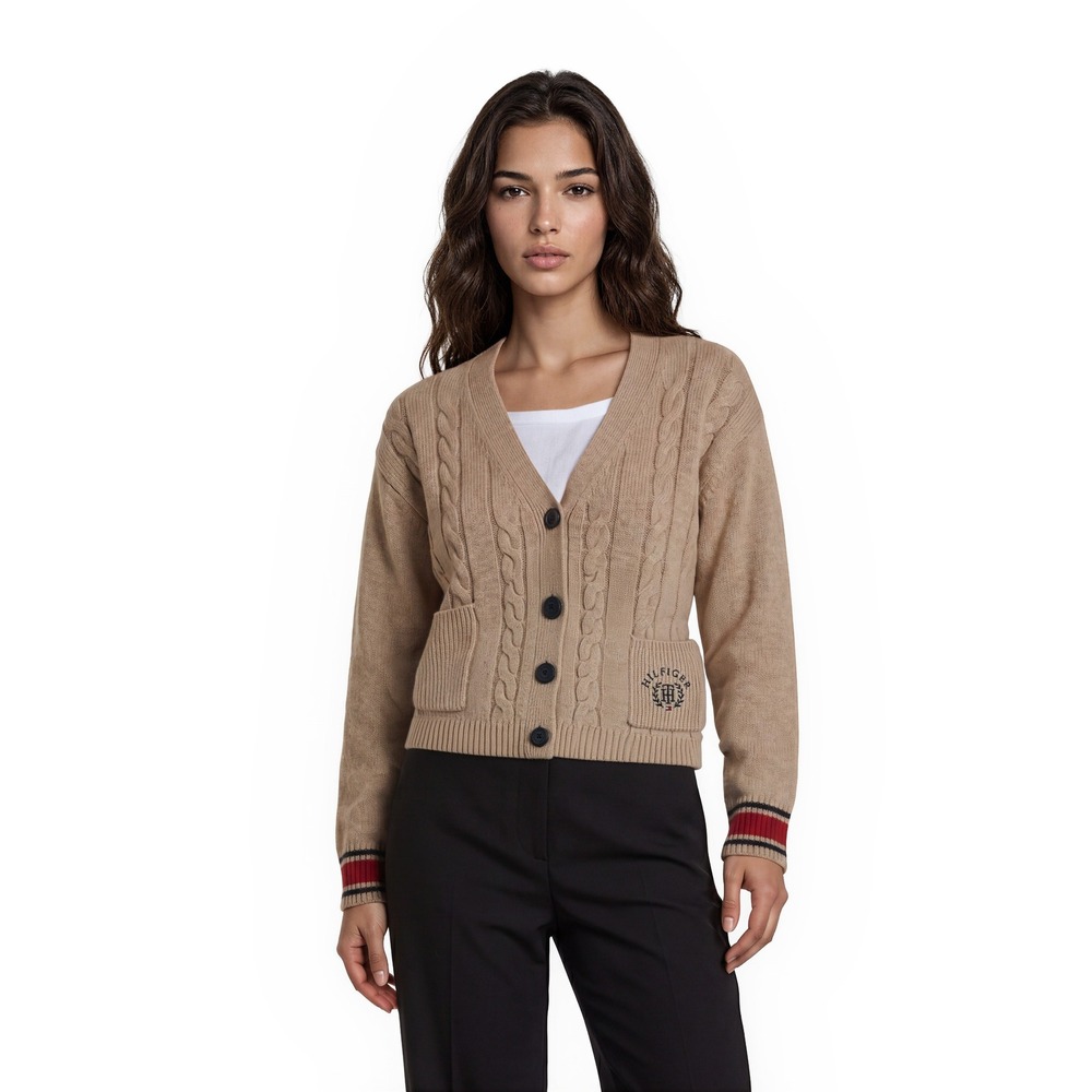 Tommy Hilfiger Cardigan Sweater Women's Size Medium Tan Cable Knit Crest Pocket